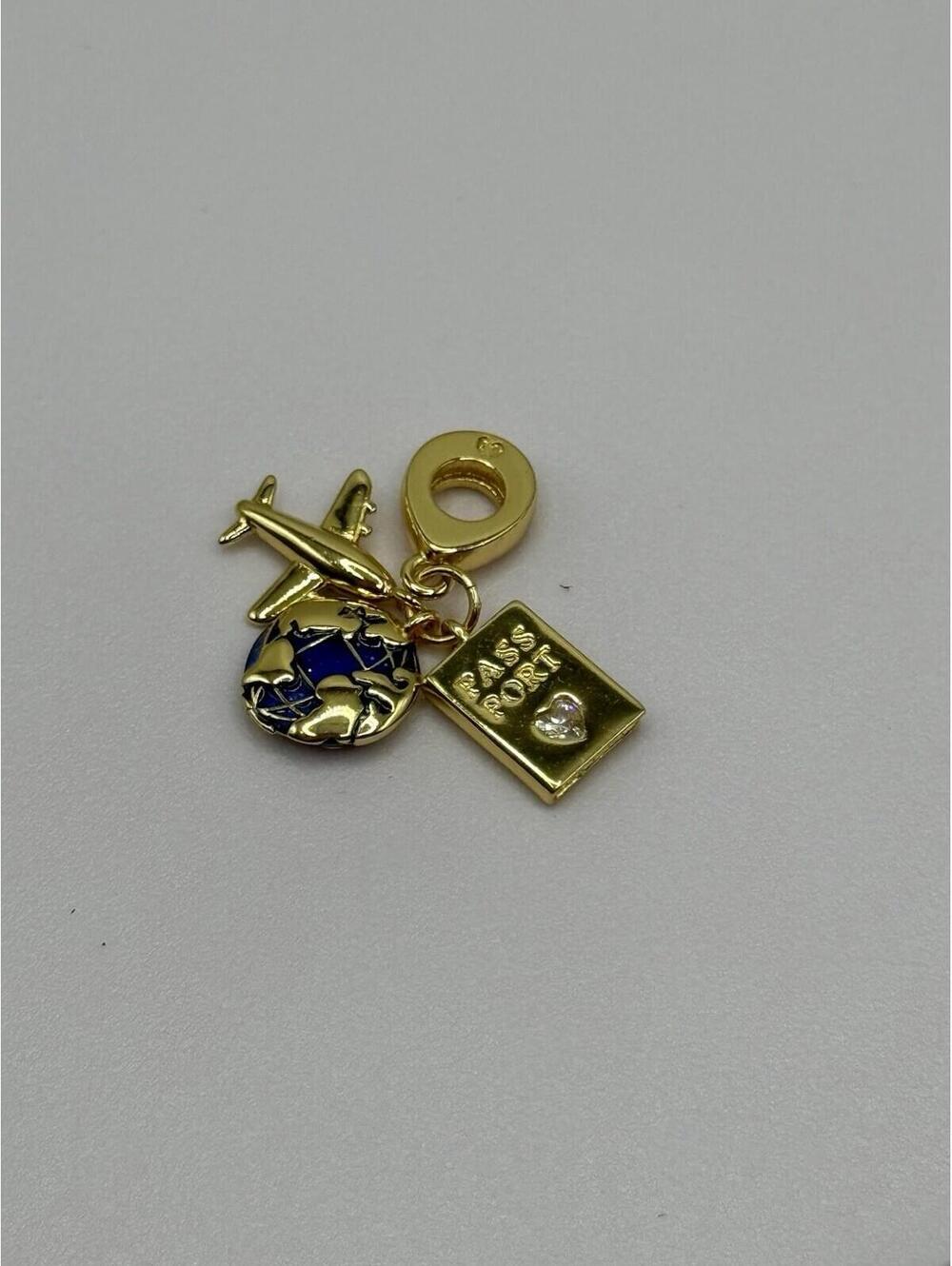 Gold Tone Travel Charm Globe Airplane Passport Bead Bracelet Charm